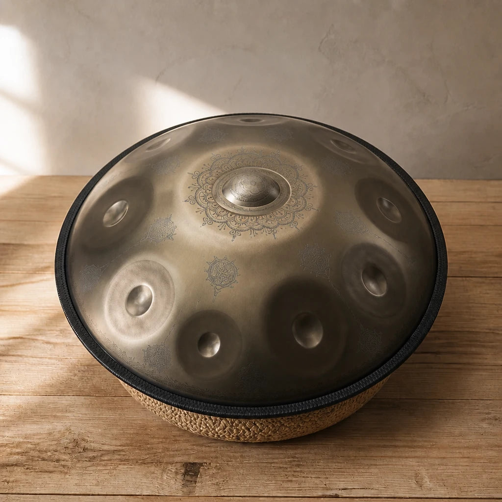 Handpan Keltisch D-Moll 9–12 Noten – nitrierter Stahl, handgraviert