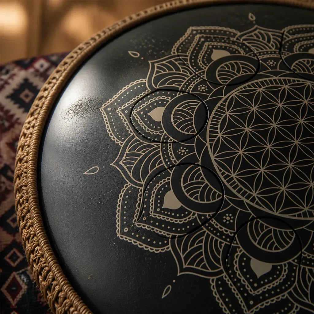 Zungentrommel Enigma 8 Noten – nitrierter Stahl, Mandala-Gravur