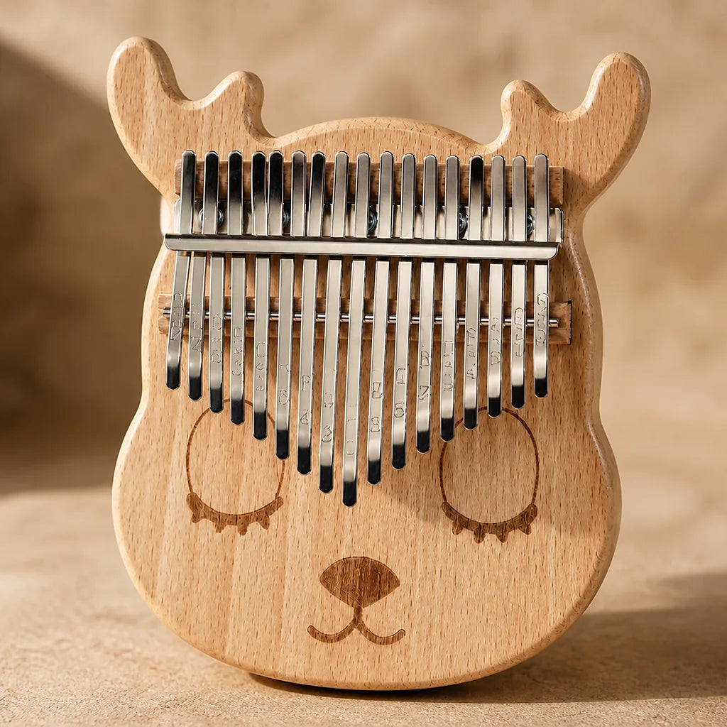 Kalimba 17 Tasten - Akazienholz, Hirsch-Design - 04 Details Lamellen und Holz