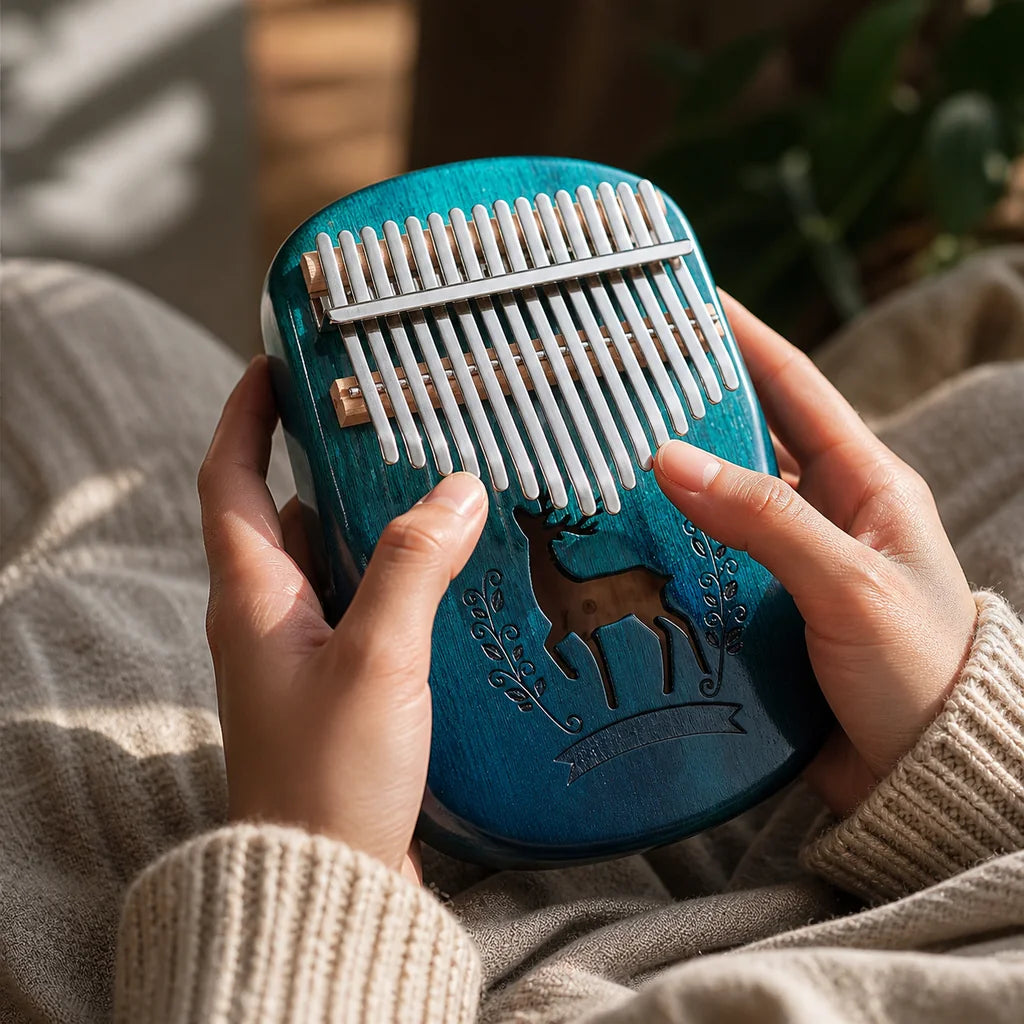 Kalimba 17 Tasten - Mahagoni, Blau - 02 Anwendung