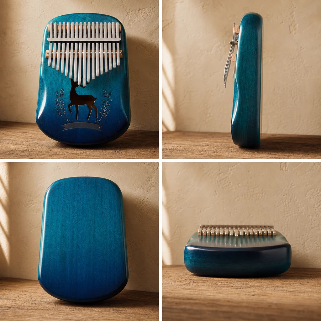 Kalimba 17 Tasten - Mahagoni, Blau - 03 technische Ansichten