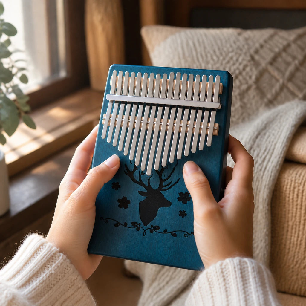 Kalimba 17 Tasten - Mahagoni, Hirsch-Gravur - 02 Anwendung