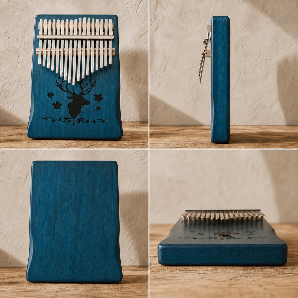 Kalimba 17 Tasten - Mahagoni, Hirsch-Gravur - 03 technische Ansichten