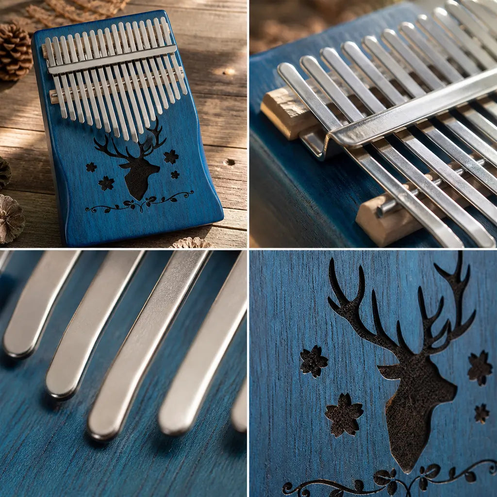 Kalimba 17 Tasten - Mahagoni, Hirsch-Gravur - 04 Details