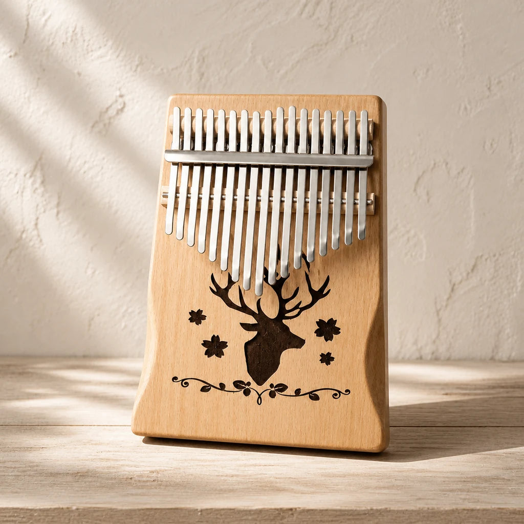 Kalimba 17 Tasten - Mahagoni, Hirsch-Gravur - Variante 2 - Hauptansicht