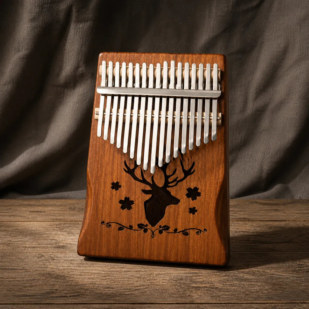 Kalimba 17 Tasten - Mahagoni, Hirsch-Gravur - Variante 3 - Hauptansicht