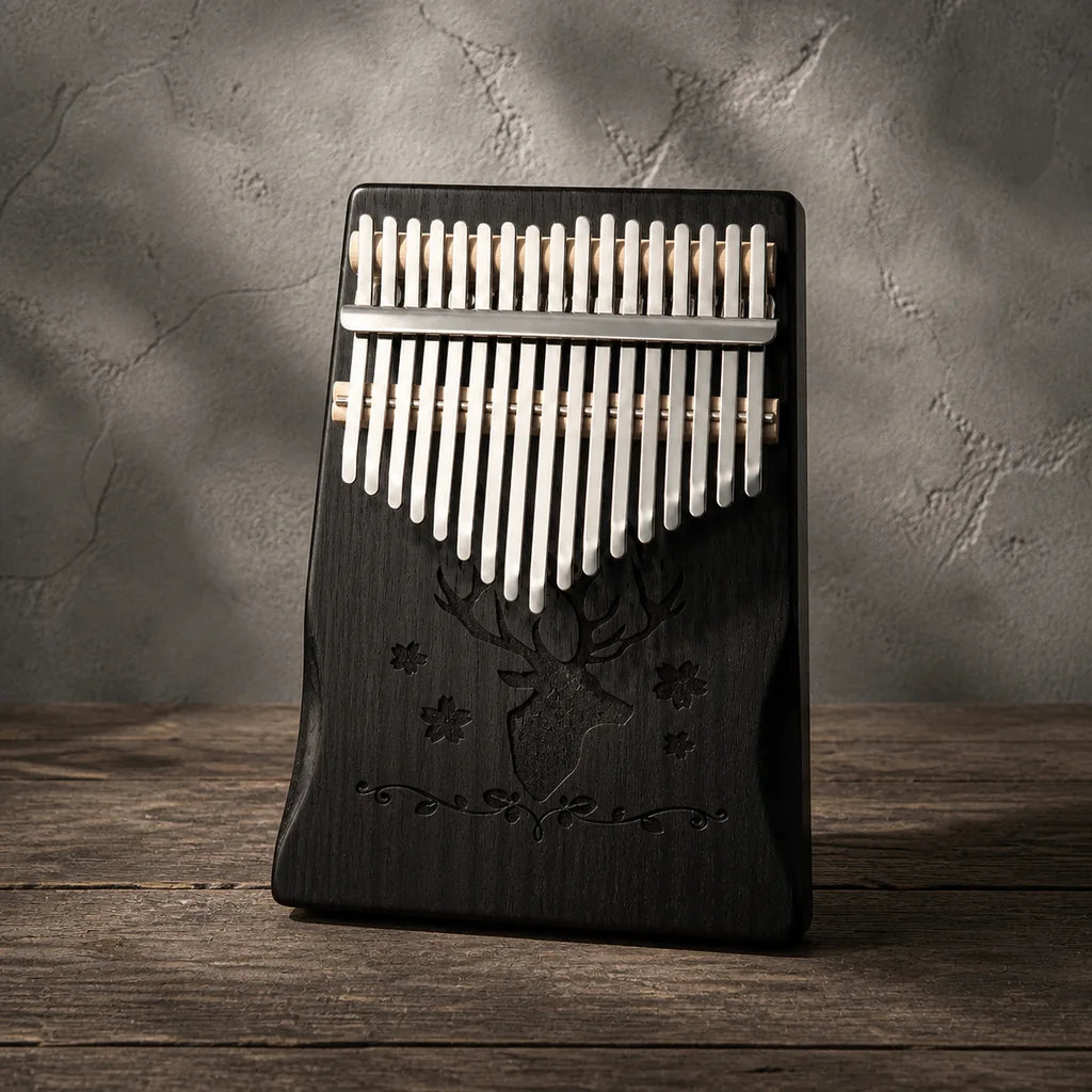 Kalimba 17 Tasten - Mahagoni, Hirsch-Gravur - Variante 5 - Hauptansicht