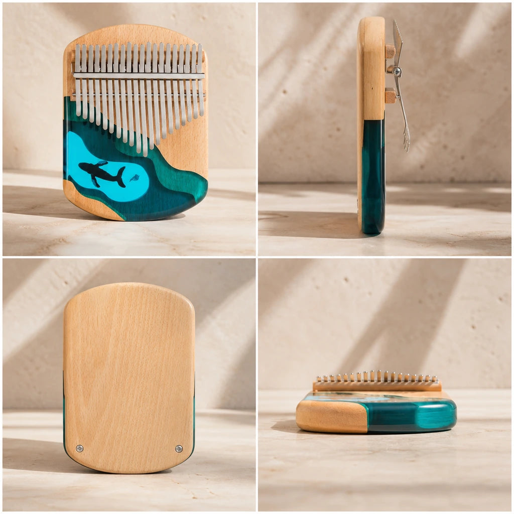 Kalimba 17 Tasten - Ahornholz, Ozean-Design - 03 technische Ansichten