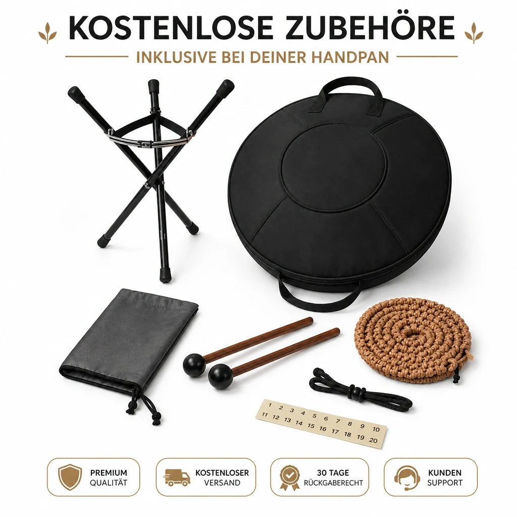 Handpan Zubehör im Lieferumfang - Ständer, Tasche, Schlägel, Kantenschutz und Notenaufkleber